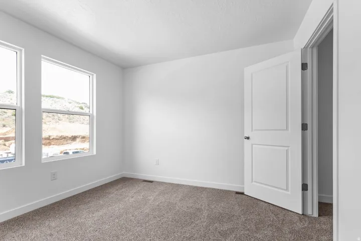 Neutral wall color with plush carpeting, featuring two large windows and a paneled interior door