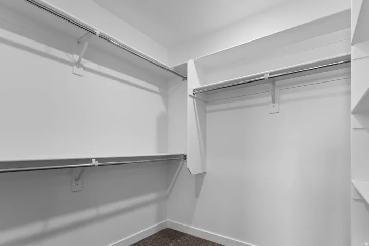 Built-in shelving, chrome hanging rods, and dark-toned carpeting