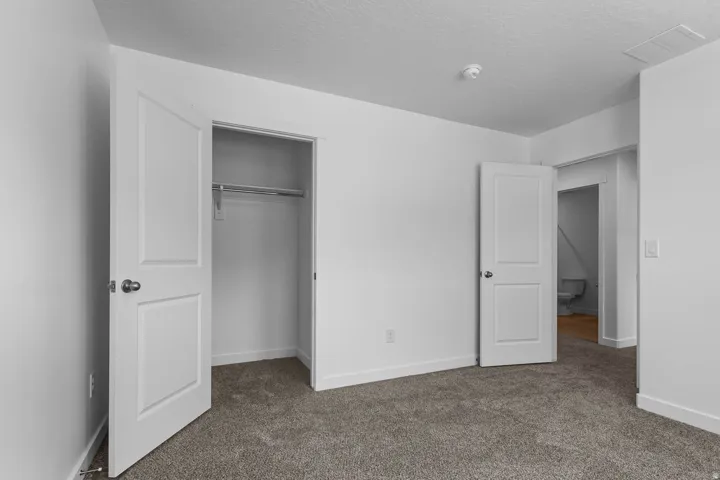 Carpeted flooring, white interior doors, and a closet with hanging rod