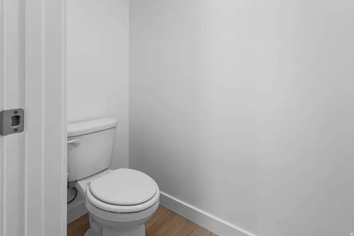 White ceramic toilet with light wood-finish flooring