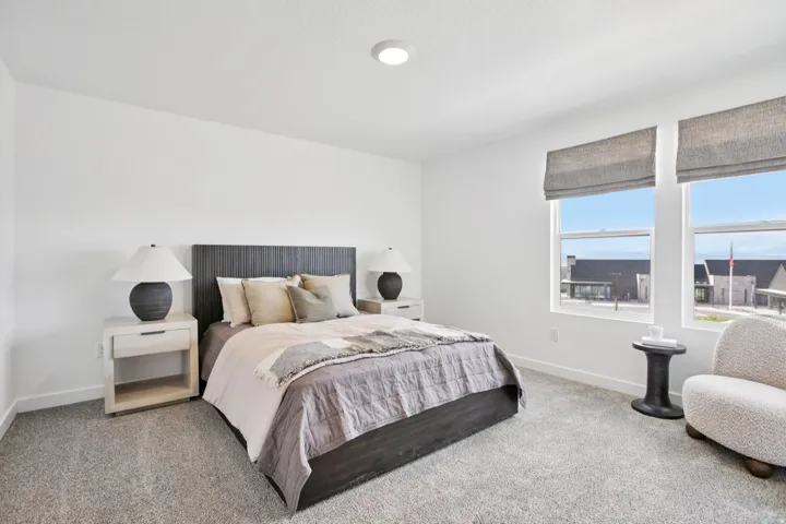 Plush carpeting, recessed lighting, and dual windows with window treatments