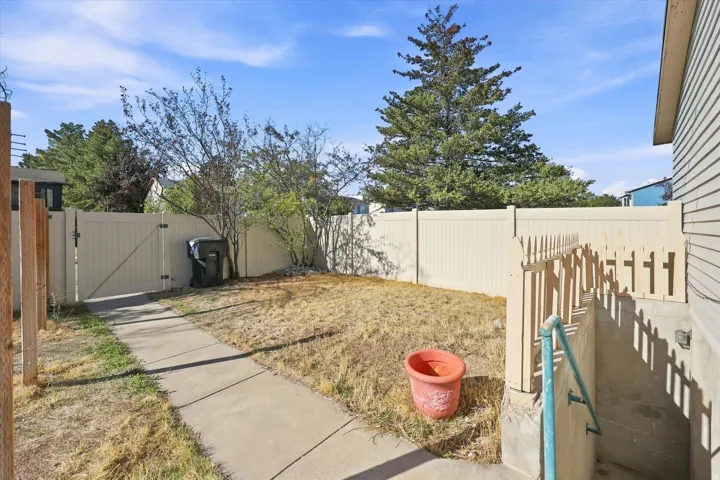 Private fenced yard with concrete pathway and mature trees