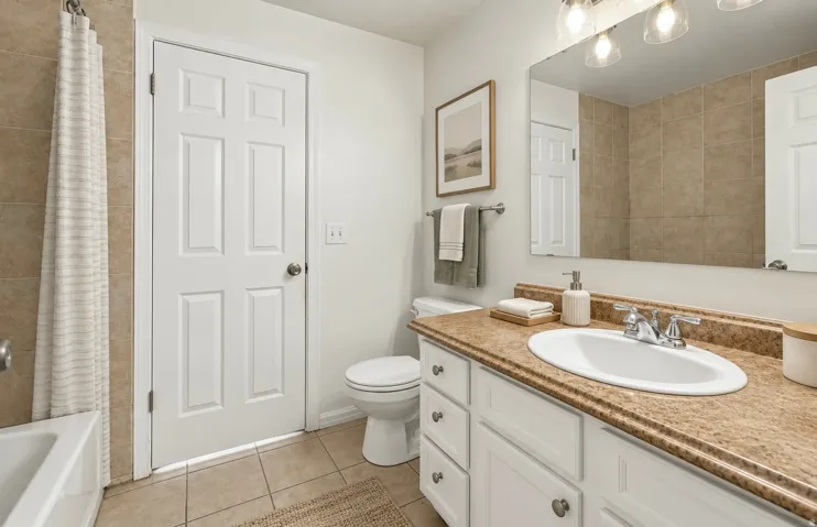 Bathroom featuring a white vanity with a tan countertop, a large framed mirror, a three-light fixture, and tiled flooring