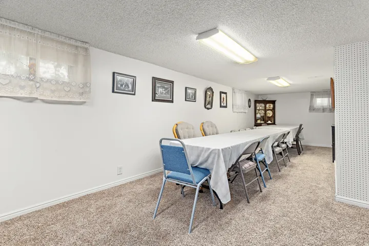 Basement family room, neutral wall paint, textured ceiling, recessed lighting, and carpet flooring