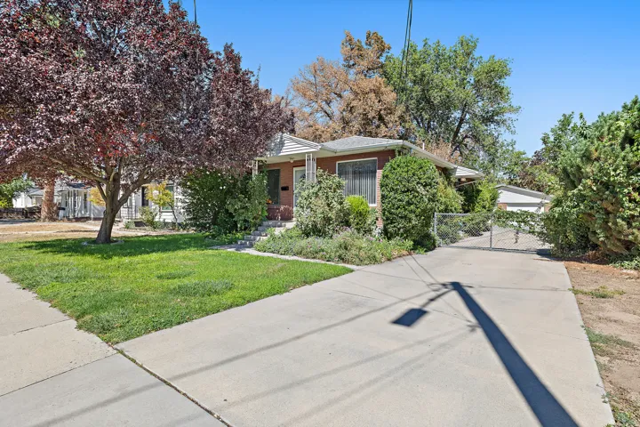 Brick exterior with white trim, mature trees, and a concrete driveway