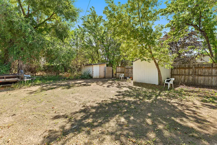 Expansive backyard space featuring mature trees and a wooden privacy fence