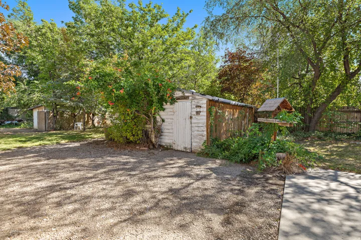 Gravel surface area with a shed and established trees
