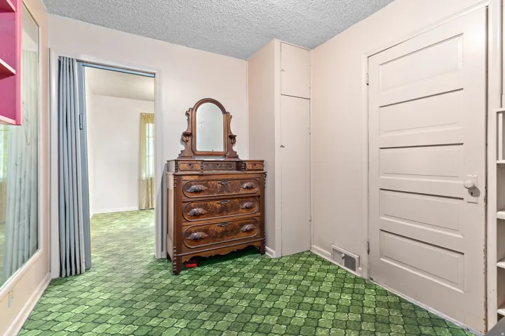 Green patterned carpeting, white paneled doors, and a built-in storage cabinet