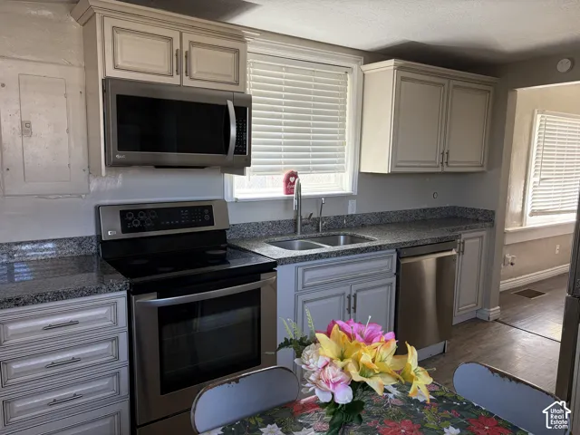 Kitchen featuring light-toned cabinetry, stainless steel appliances, granite-style countertops, a dual basin sink, and wood-finish flooring