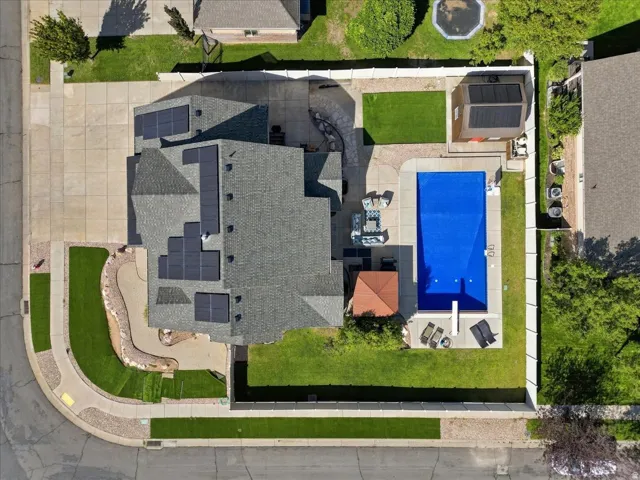 Expansive lot featuring a private swimming pool, concrete patio, detached shed, mature landscaping, and solar panels