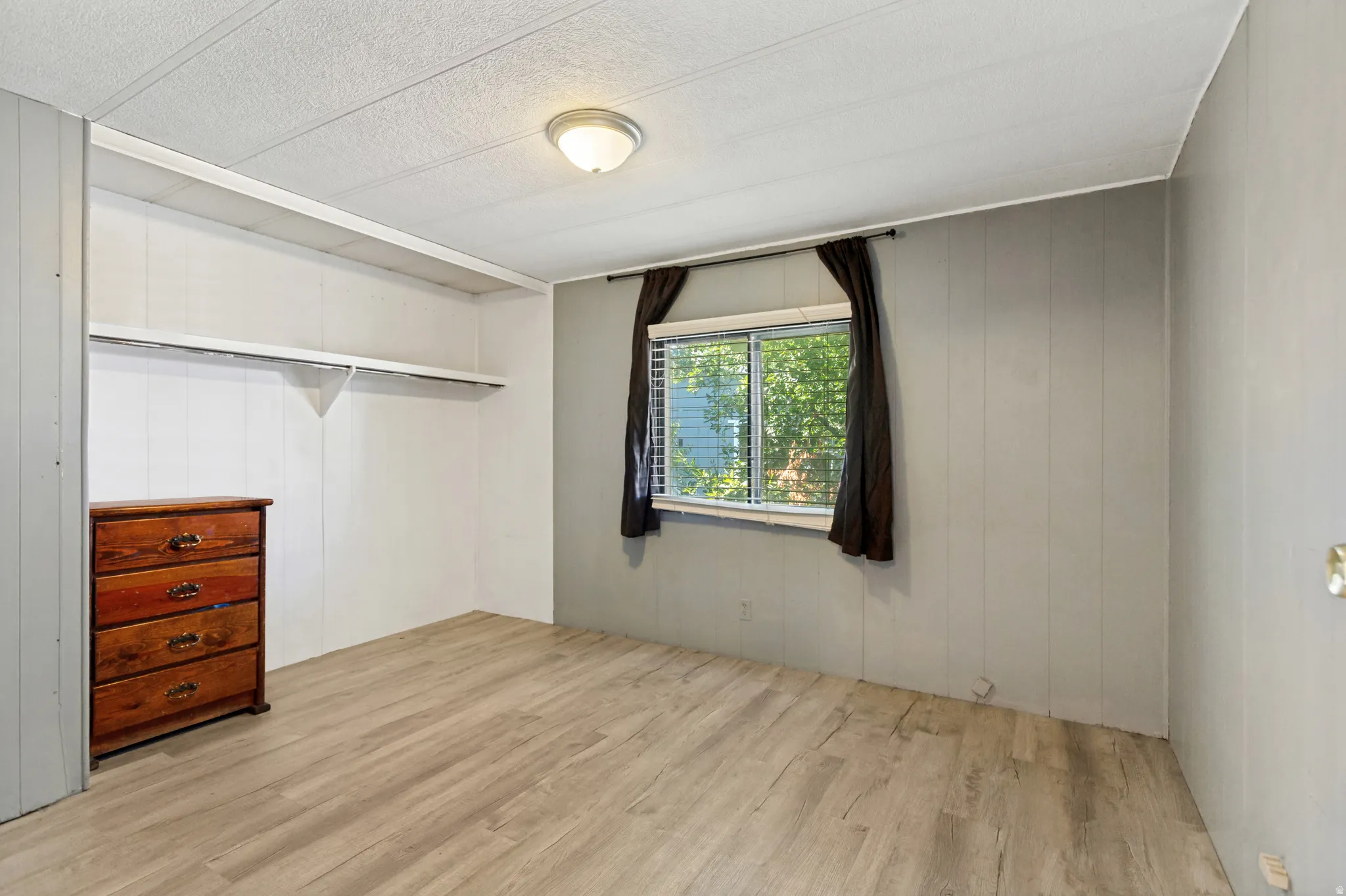 Wood-finish flooring, built-in shelving, and a flush-mount ceiling light fixture