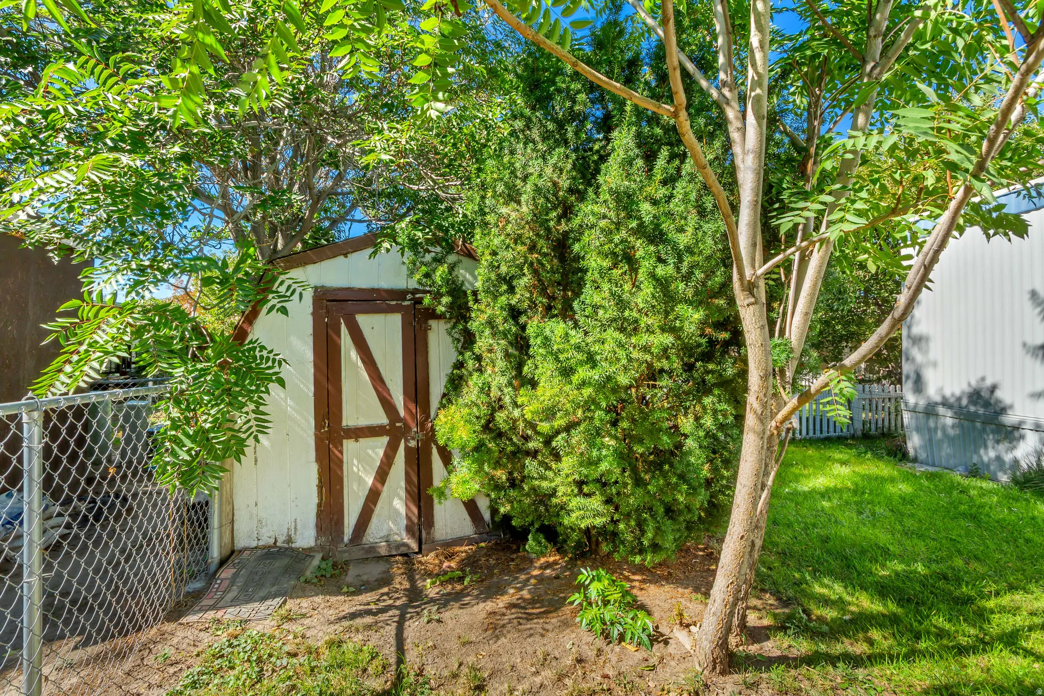 Utility shed with a wood door featuring diagonal bracing, surrounded by mature trees and shrubs, and a chain-link fence
