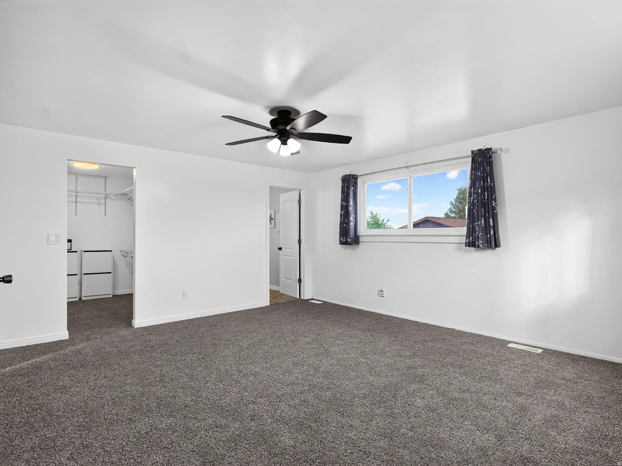 Spacious room featuring carpeting, a ceiling fan with integrated lighting, a large window, and an open doorway to a walk-in closet with built-in shelving