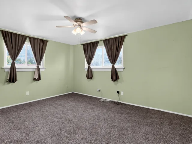 Plush carpet flooring, a ceiling fan with integrated lighting, and multiple windows with curtain rods