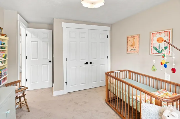 Neutral wall paint, carpeted flooring, white six-panel doors, white door trim, and a flush mount ceiling light