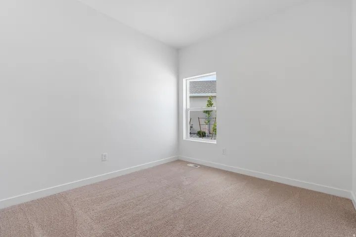 Neutral wall palette with carpet flooring and natural light from a single window