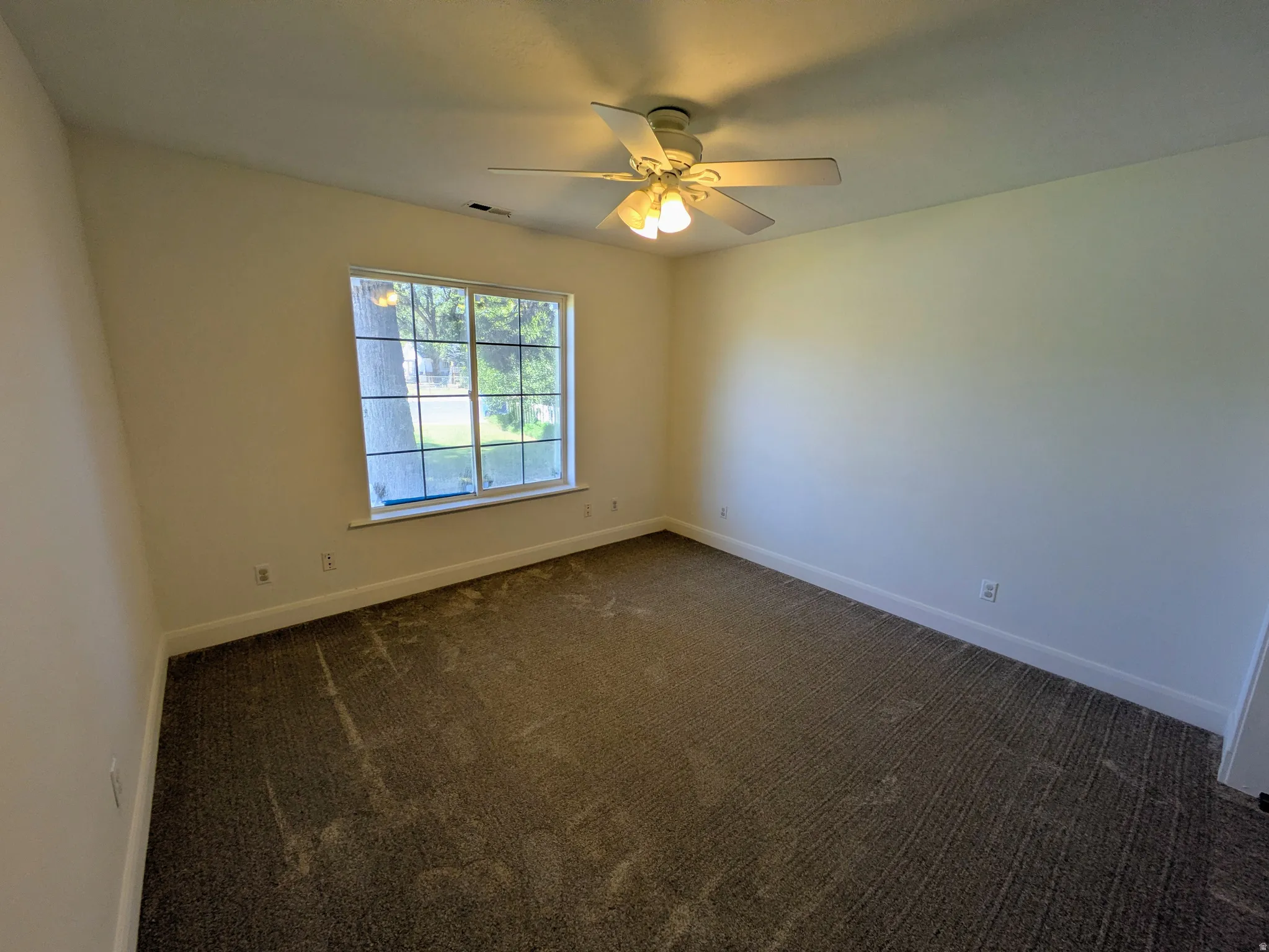 Neutral-toned wall paint, a ceiling-mounted fan with integrated lighting, and carpeted flooring
