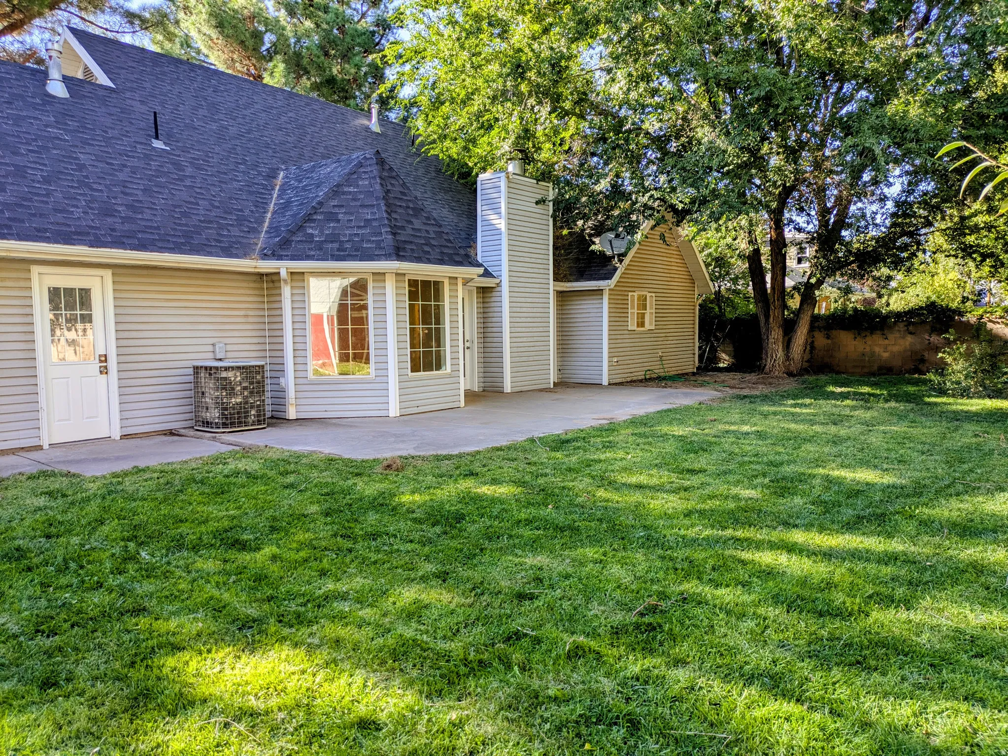 Expansive yard featuring a concrete patio, mature trees, and a detached shed with a garage door