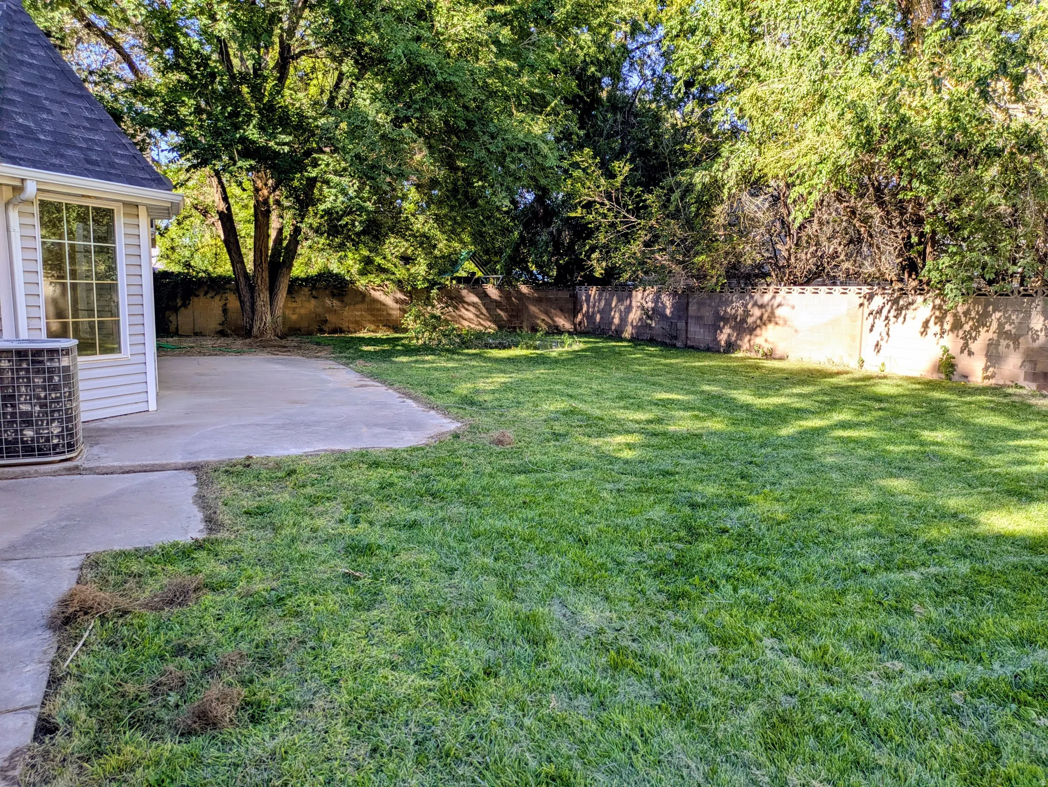 Expansive lawn area with mature trees, concrete patio, and perimeter fencing