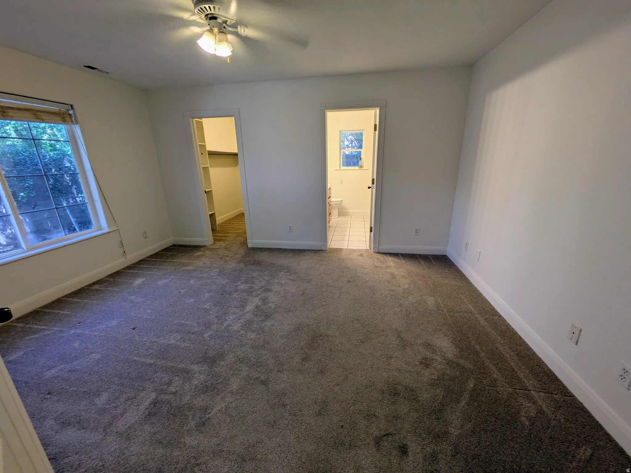 Carpeted room featuring a ceiling fan with integrated lighting, a window with horizontal blinds, a walk-in closet with shelving, and an en-suite bathroom with tiled flooring