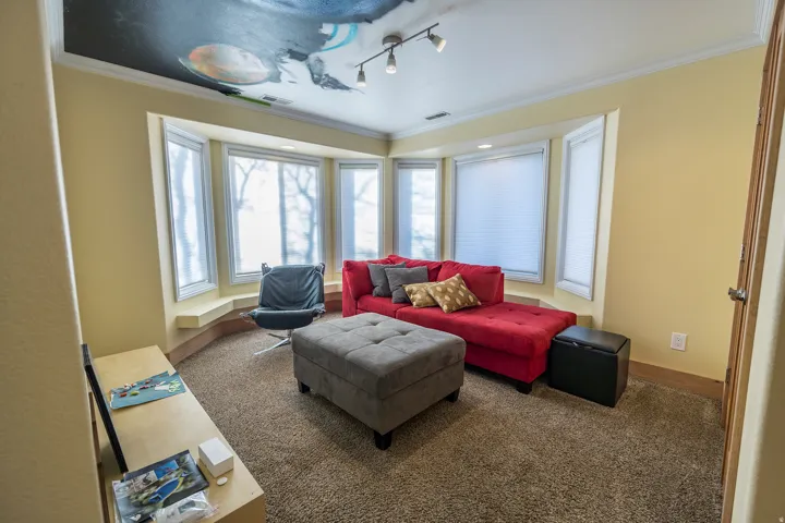 Bay window with integrated window seating, track lighting, ceiling mural, and carpeted flooring