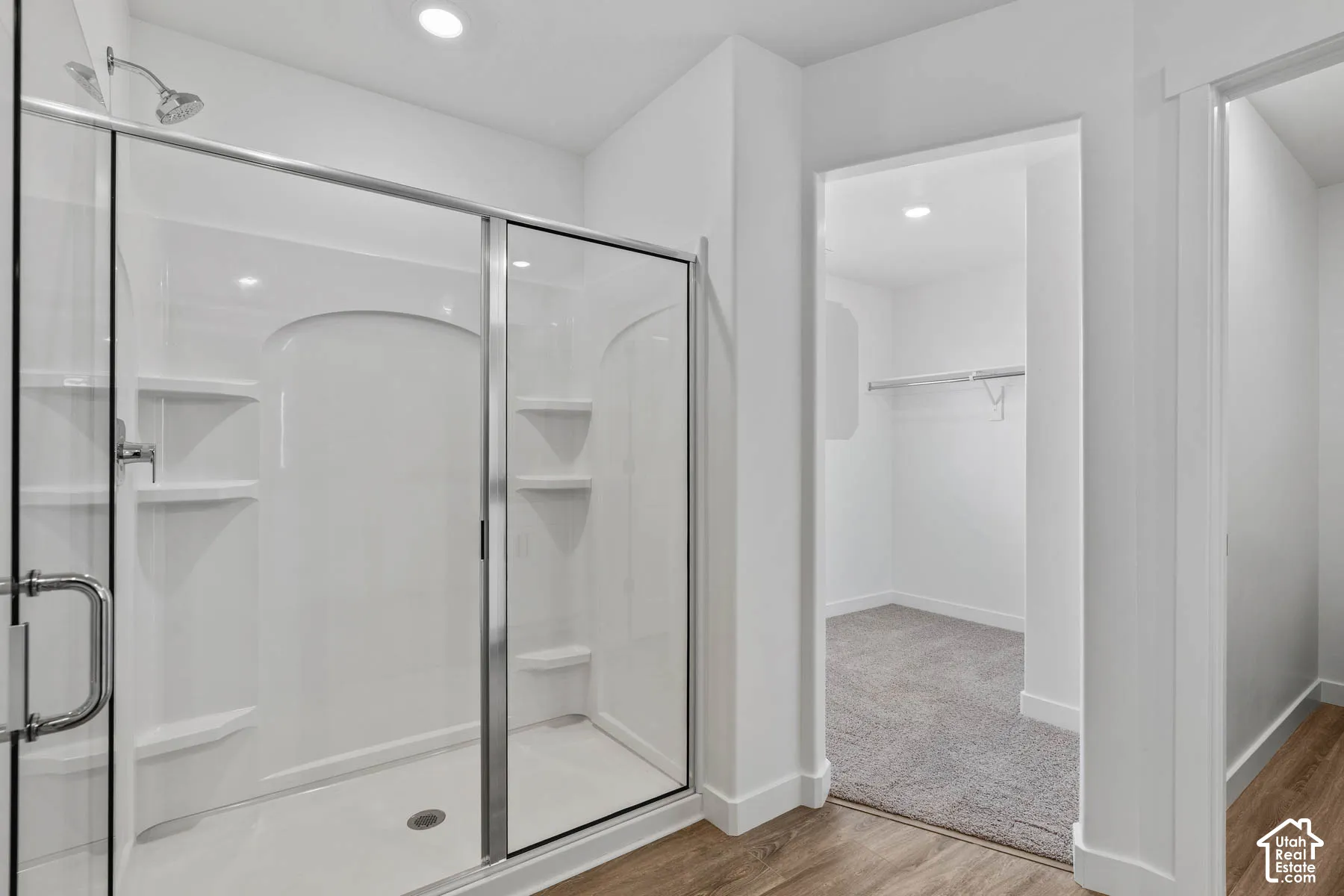 Enclosed shower with multiple built-in shelves, overhead recessed lighting, wood-finish flooring, and a carpeted walk-in closet