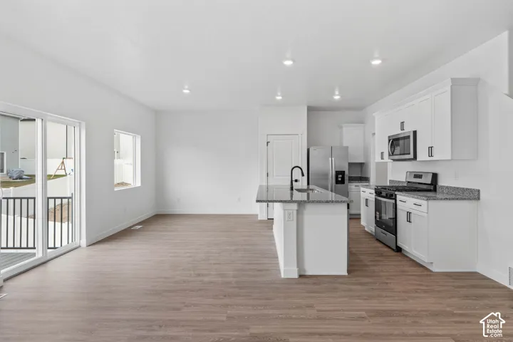Open-concept living space with wood-finish flooring, white cabinetry, a kitchen island with a built-in sink, stainless steel appliances, and sliding glass doors