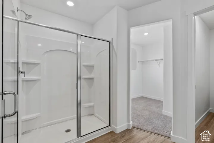 Enclosed shower with multiple built-in shelves, overhead recessed lighting, wood-finish flooring, and a carpeted walk-in closet