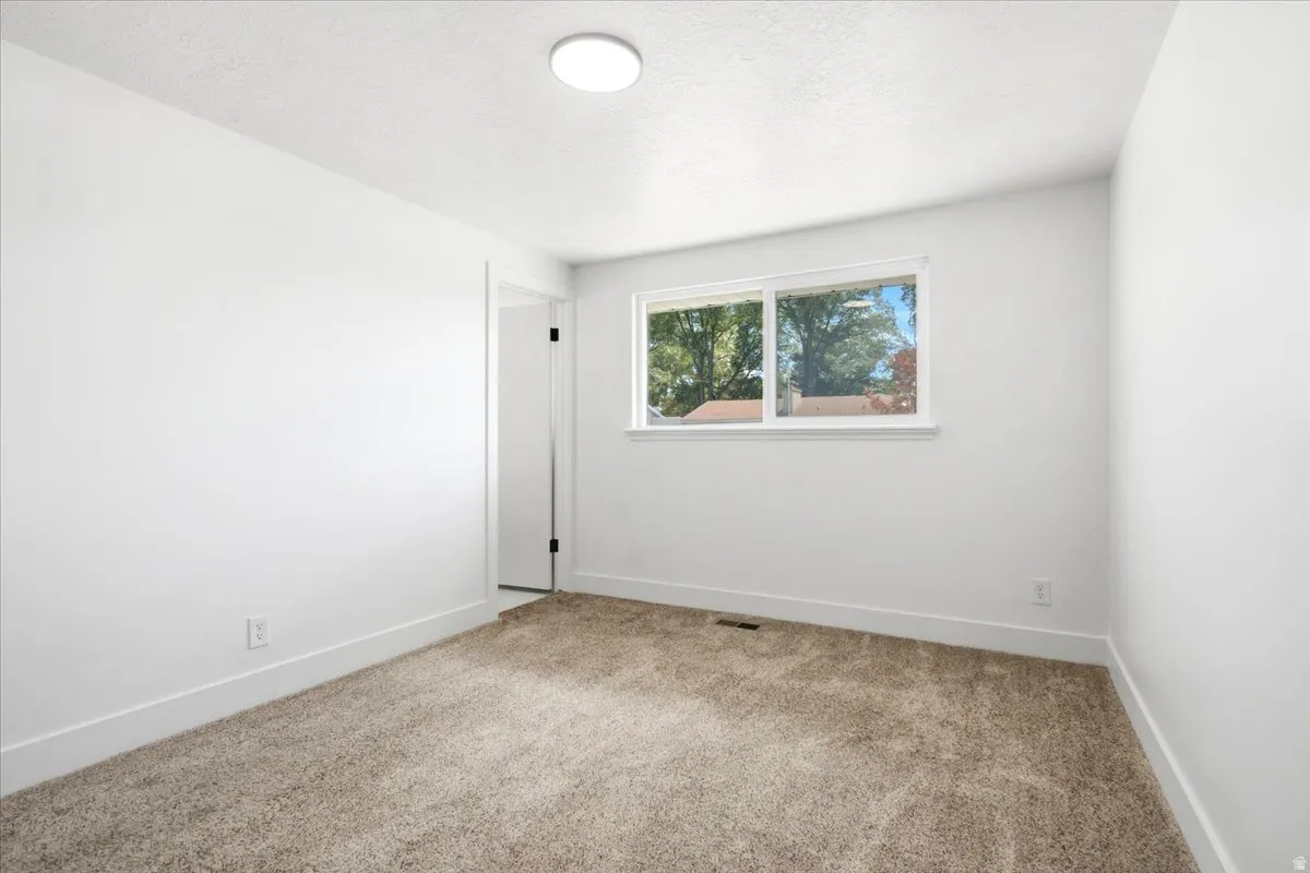 Neutral tone wall paint, flush mount ceiling lighting, window with exterior scenery, and carpet flooring