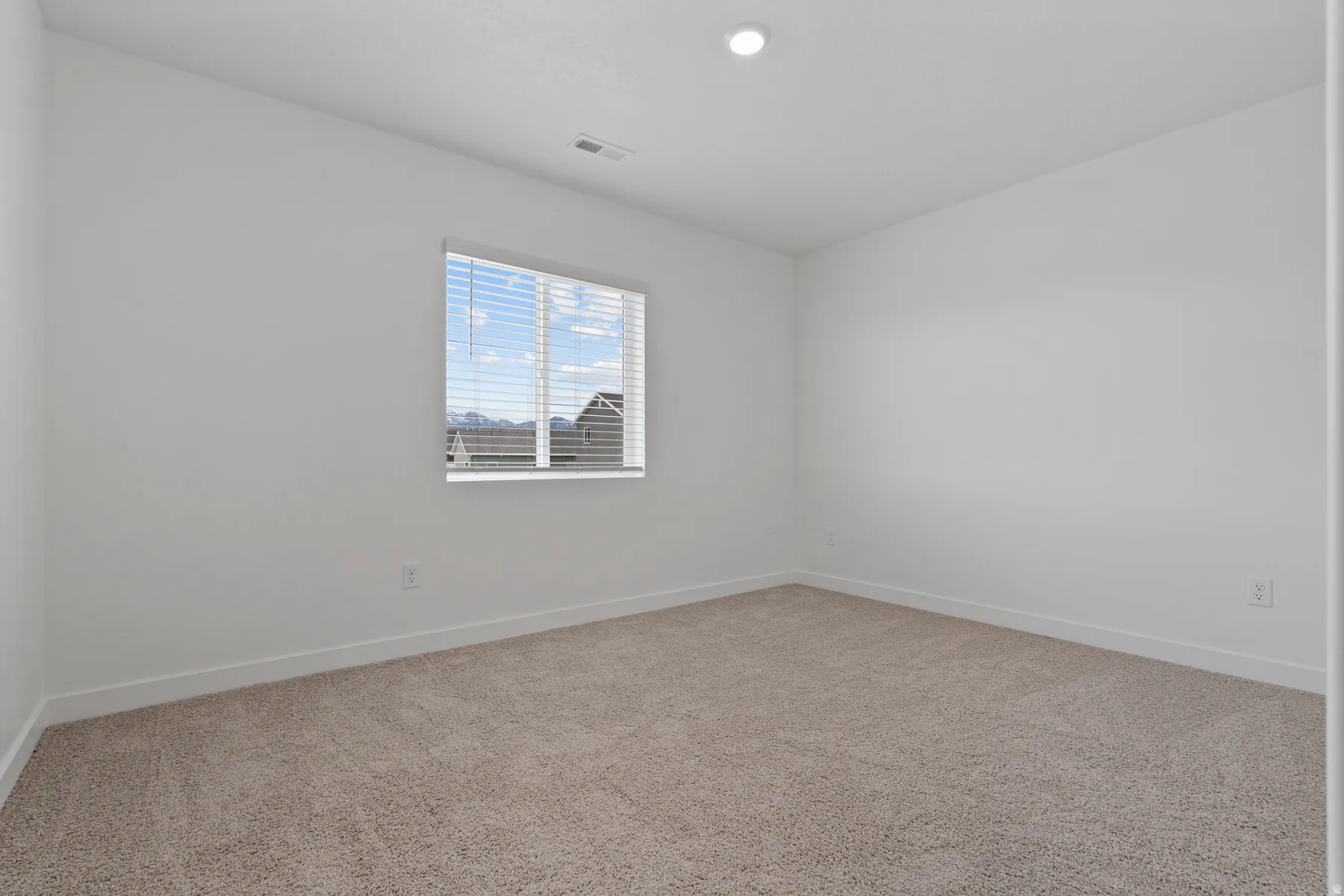 Neutral-toned carpeting, white walls, and a single window with horizontal blinds