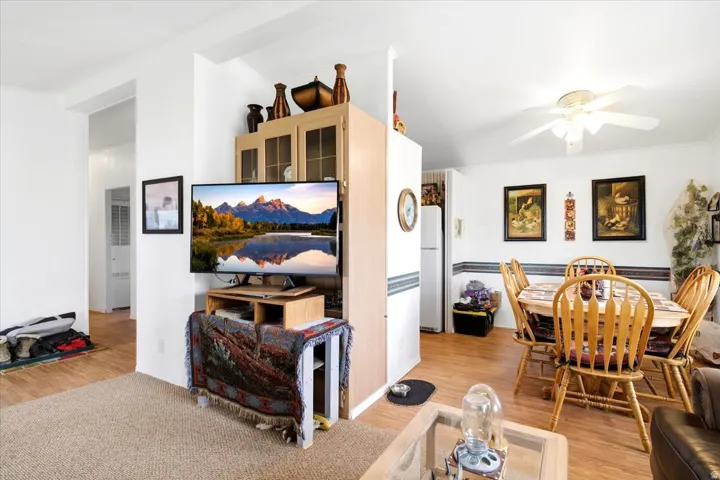 Open-concept living area with wood-finish flooring, ceiling fan, and built-in cabinetry
