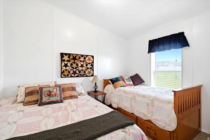 Bright interior room featuring white wall paneling, a single window with blinds, and a built-in bed with integrated drawers
