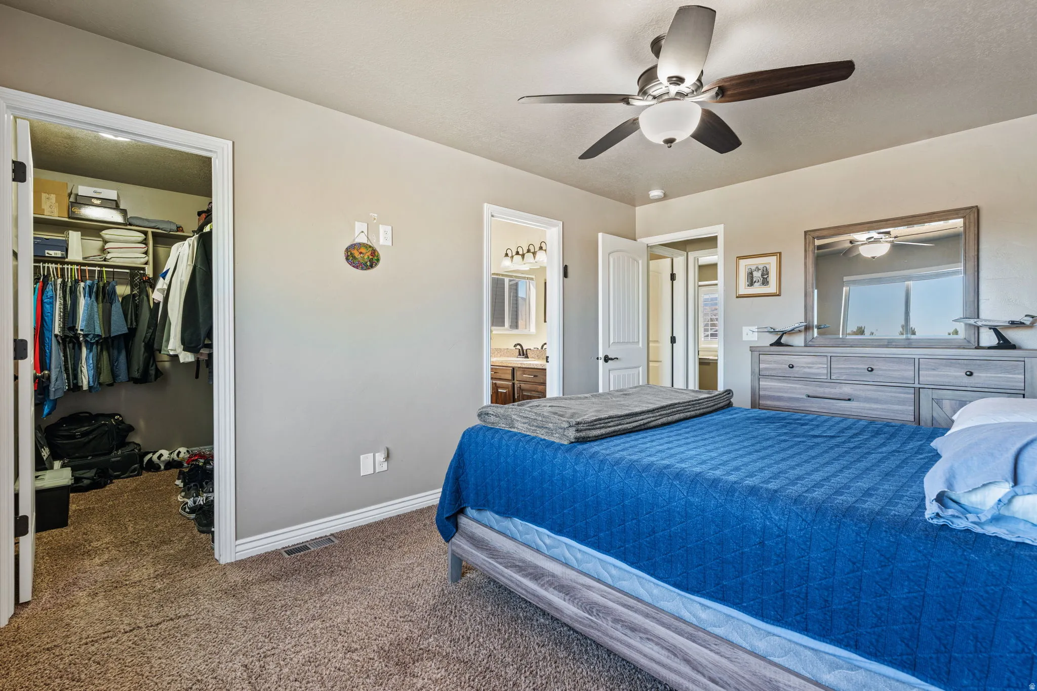 Walk-in closet, ceiling fan, and carpeted flooring