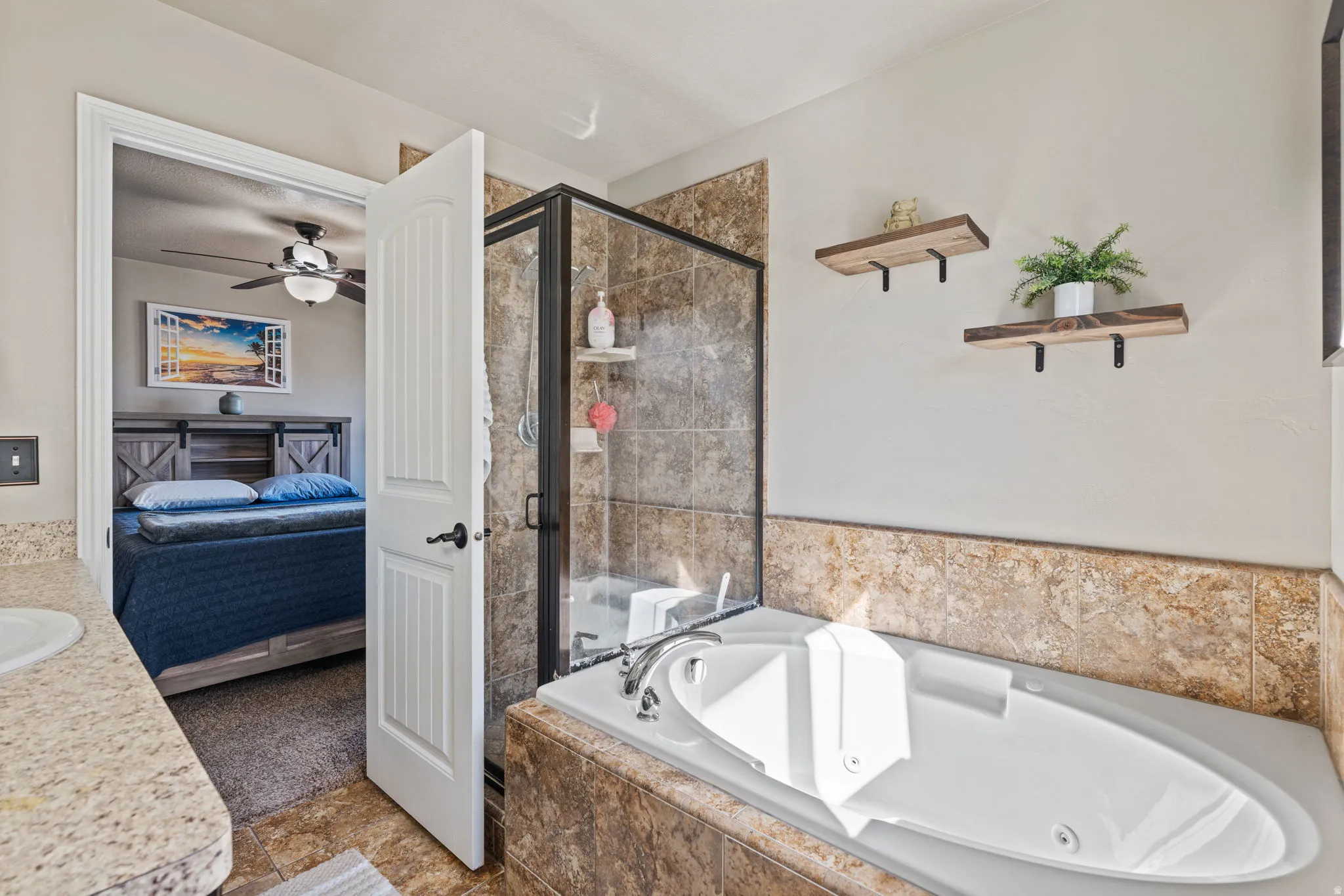 Soaking tub with integrated jets and tiled surround