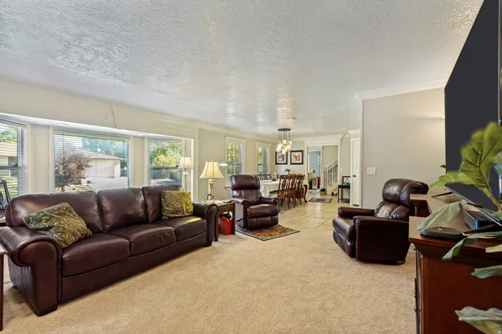 Expansive living area with large bay windows, neutral carpet, and crown molding