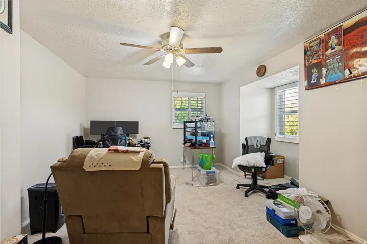 Carpeted room featuring a ceiling fan with light fixture and two windows with plantation shutters