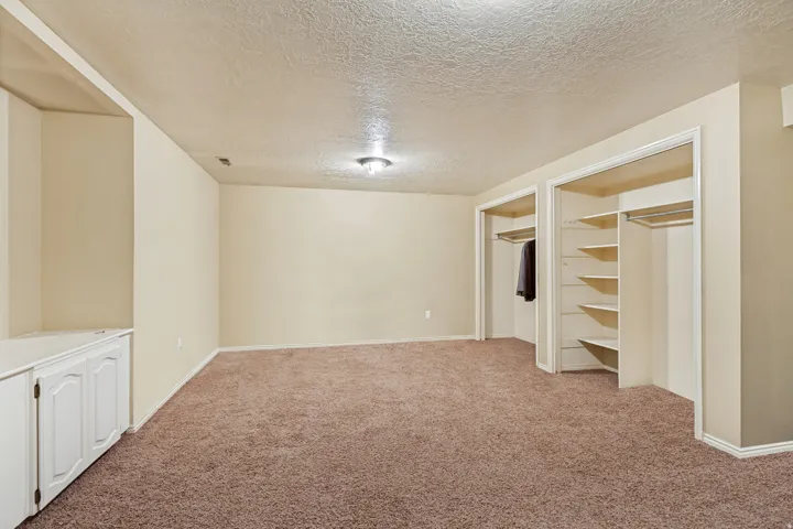 Wall-to-wall carpeting, recessed built-in shelving, built-in cabinetry, and dual closets with shelving and hanging rods