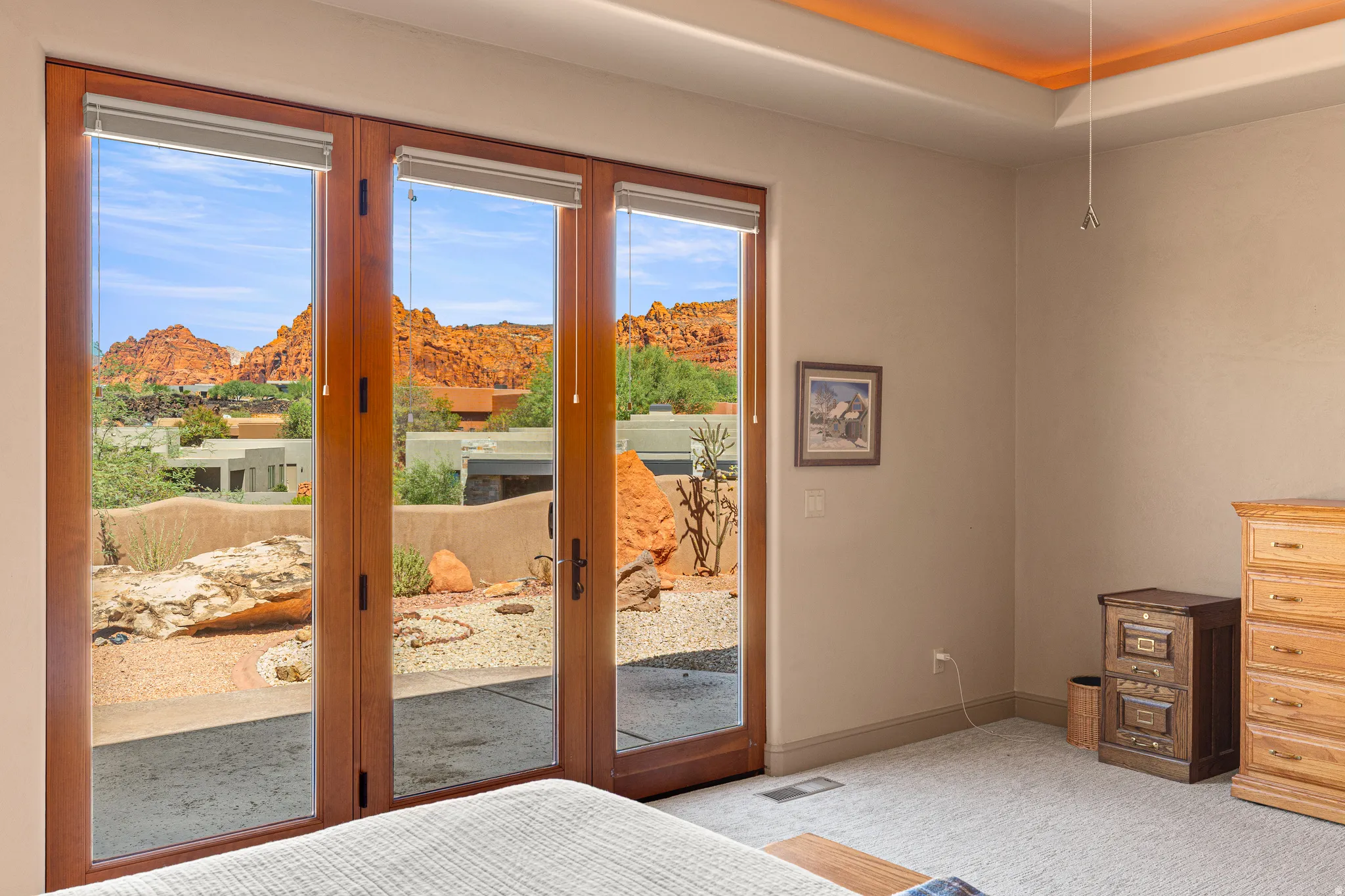 Wood-frame patio doors with roller shades, tray ceiling with cove lighting, and neutral wall tones