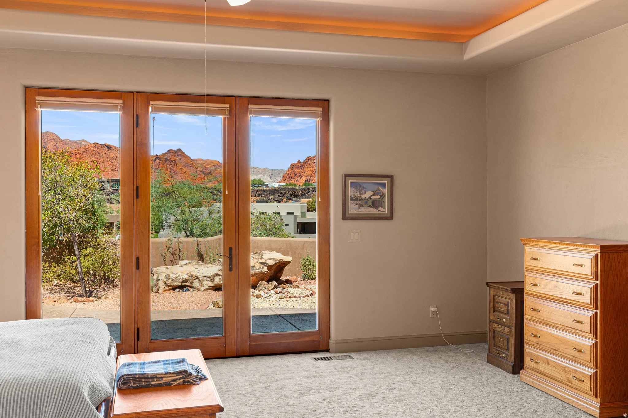 Three-panel glass door with wood frames, tray ceiling with cove lighting, and neutral wall tones