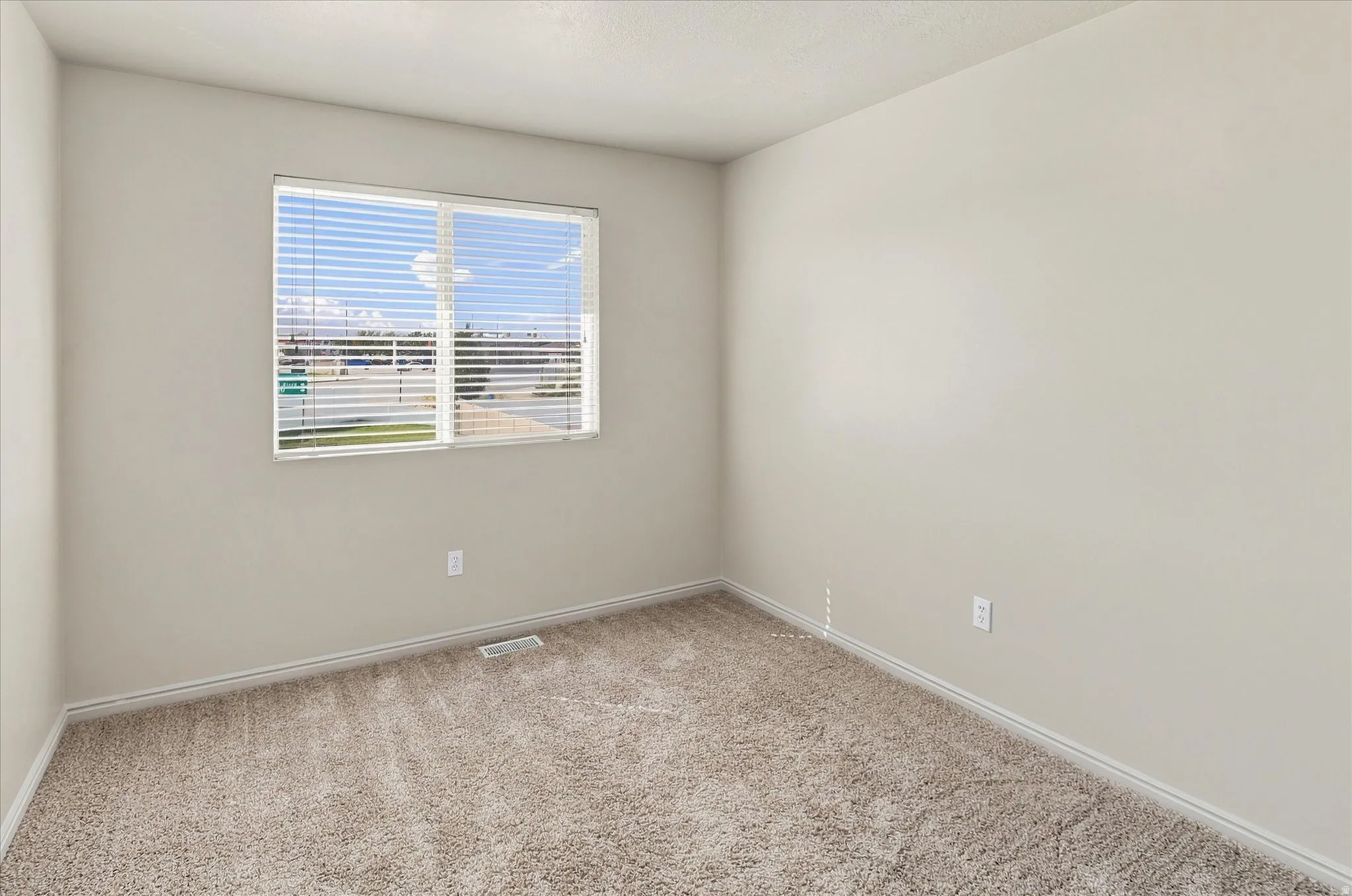 Neutral wall paint, window with blinds, and carpeted flooring