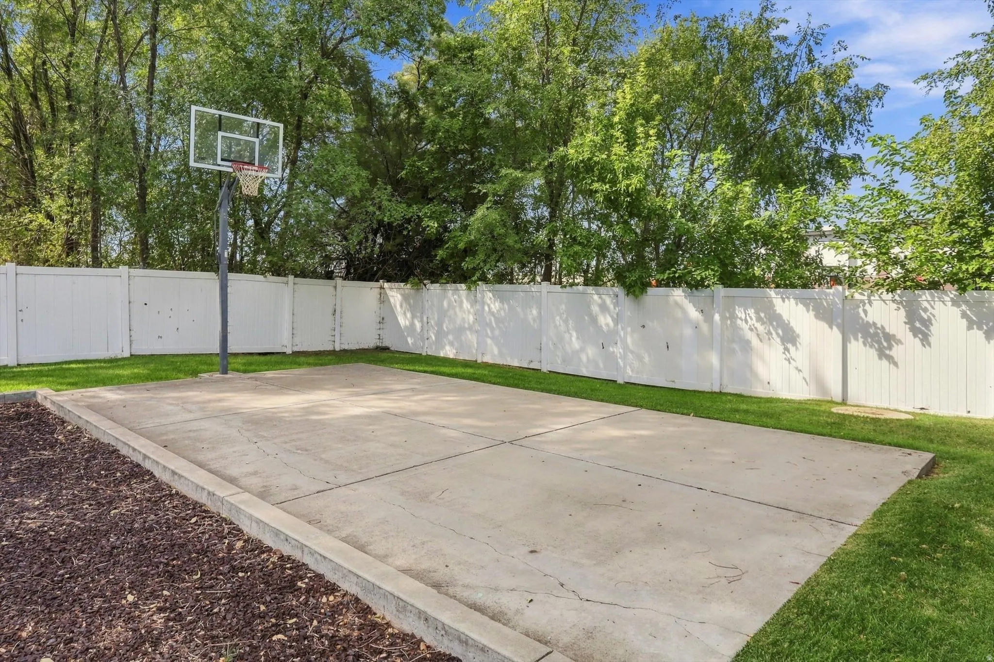 Concrete sports court with a basketball hoop, surrounded by a white privacy fence and mature trees