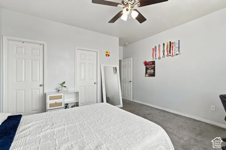 Recessed lighting, ceiling fan with integrated lighting, two panel doors, and gray carpeting