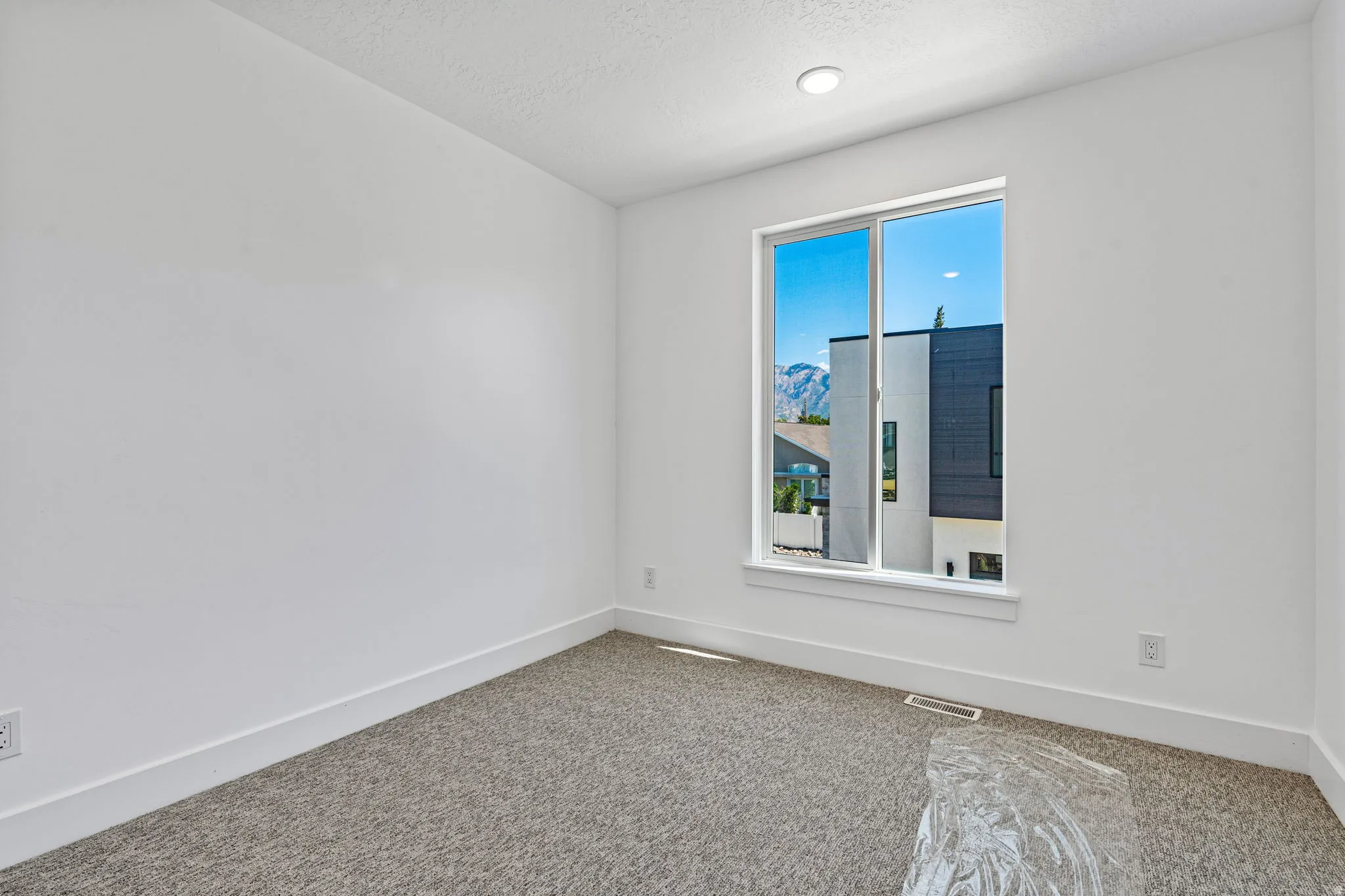 Recessed lighting, large window with mountain backdrop, neutral carpet, and white walls