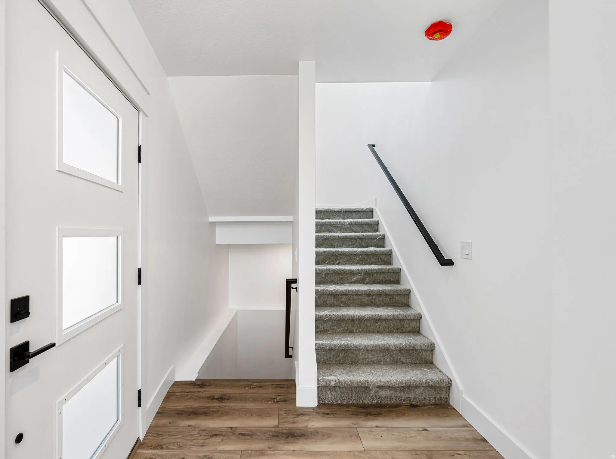 Entryway featuring a contemporary white door with integrated glass panels, matte black hardware, wood-finish flooring, and a carpeted staircase with a black handrail