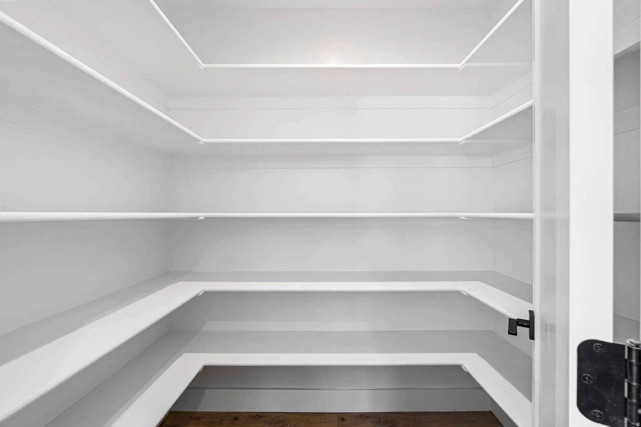 Spacious pantry featuring white built-in shelving, white walls, and wood-finish flooring