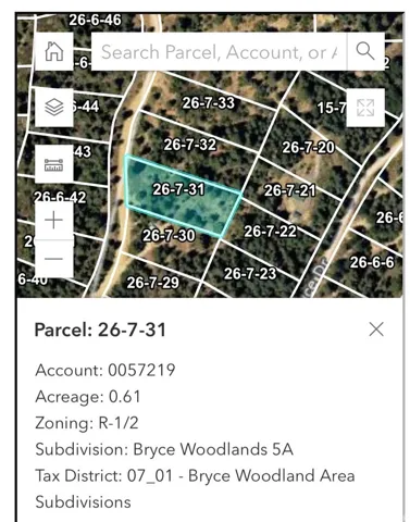 Parcel Map and Property Details. Displaying an aerial view of parcel 26-7-31 with its account number, acreage, zoning, subdivision, and tax district