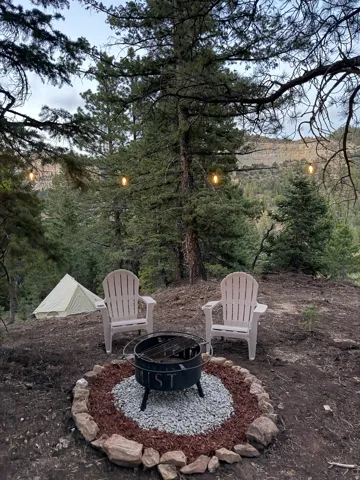 Outdoor fire pit with a stone and gravel border, surrounded by mature trees
