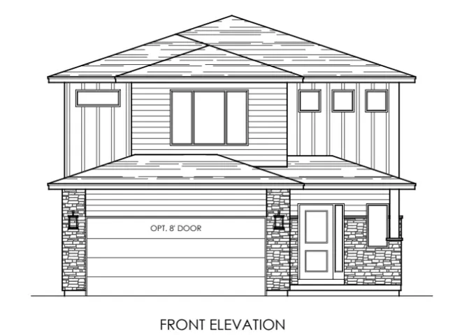 Architectural Drawing, Front Elevation. Illustrating the property's facade, including window and door placements, and an optional 8-foot door for the garage