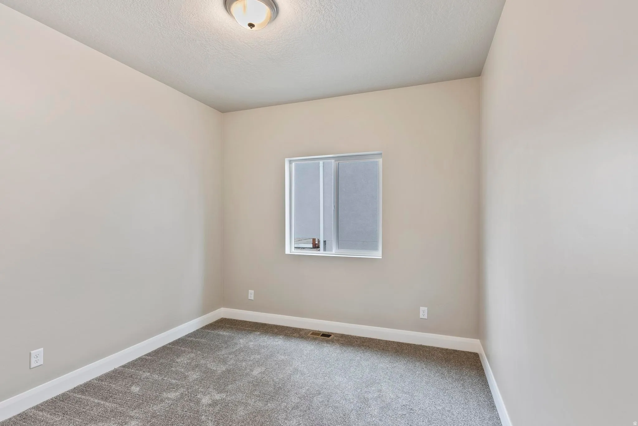 Neutral painted walls, grey carpet flooring, white trim, and a flush mount ceiling light fixture