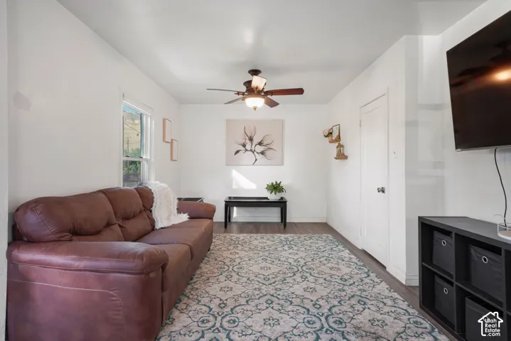 Recessed lighting and ceiling fan overhead